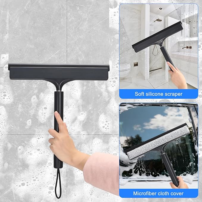 wlich Shower Squeegee with Long Handle, Telescoping Window and Floor Extendable Squeegee for Shower Glass, Bathroom Surfaces, Mirrors, and Smooth Floors, Includes Replaceable and Washable Cloth Pads