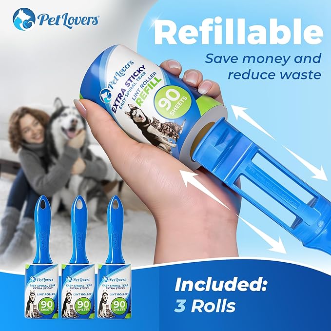 PetLovers Extra Sticky Lint Roller Value Set 270 Sheets for Pet Hair Removal and Clothes, Dog and Cat Lint Remover, 3 Pack