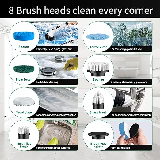 Cordless Electric Spin Scrubber - IPX7 Waterproof, LCD Display, 8 Brush Heads, Adjustable Extension Handle, for Shower, Bathtub, Tile, Grout, Kitchen, Bathroom Cleaning