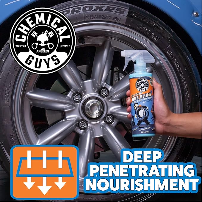 Chemical Guys Tire Kicker Sprayable Extra Glossy Tire Shine Spray, Dry-to-Touch Dressing - Restores Wet Look to Rubber, Vinyl, and Plastic, Safe for Cars, Trucks, Motorcycles, RVs, and More - 16 oz