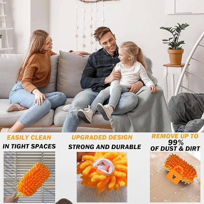 Reusable Duster for Swiffer, 360 Heavy Duty Duster Refill Compatible with Swiffer Hand Dusters for Dusting Furniture, Blinds, Ceiling Fans, Walls and More, 6 Refills +1 Handle, Orange