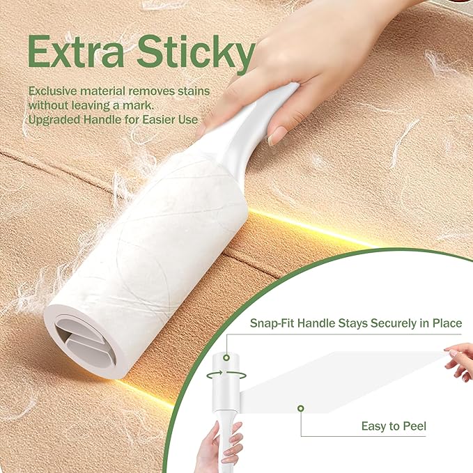Lint Roller 3 Pack for Pet Hair & Clothes, Portable Sticky Lint Rollers with Ergonomic Handle, Extra Sticky Pet Hair Remover for Couch, Car, Furniture & Travel