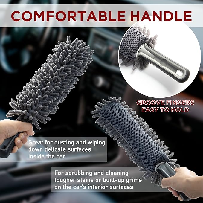 TAKAVU Car Duster Interior - Double-Sided Microfiber with Comfort Handle - Lint & Scratch-Free Cleaning for Cars, Trucks, RVs (Includes Towel & Storage Bag)