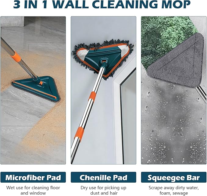 Wall Cleaner Mop with Long Handle, 360° Rotatable Wall Mop, 85“ Baseboard Cleaner Tool Duster for Wall Washer Cleaner Tool for Walls/Dust/Ceiling Fans/Baseboard/Floors
