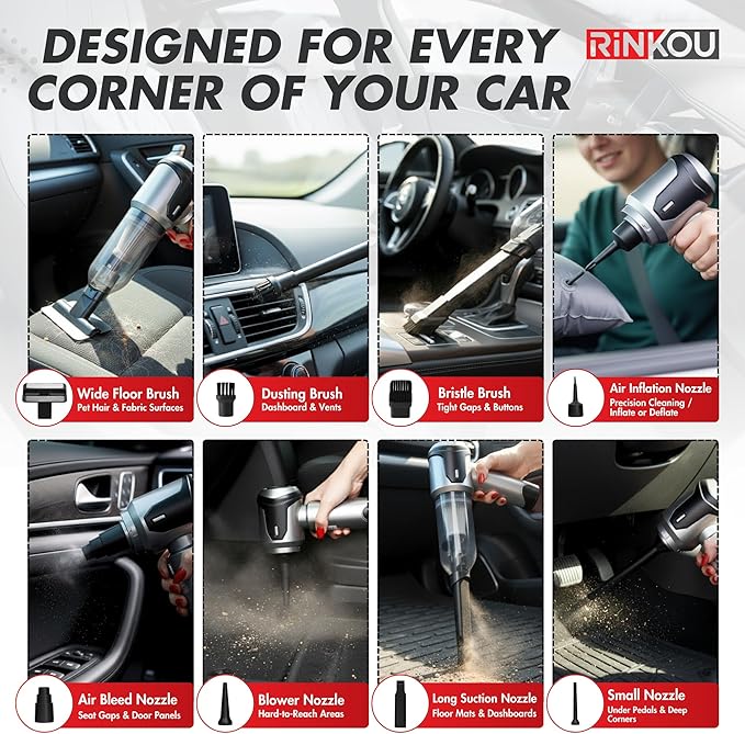 Car Vacuum Portable Cordless Handheld Cleaner, Mini Vacuum with 8 Attachments, Blower, Spray Lubricant & Microfiber Towels for Truck & Interior Cleaning