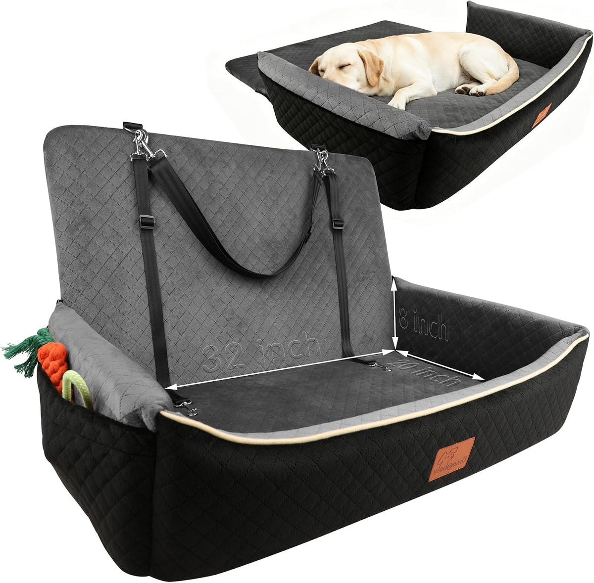 Luxury Large Dog Car Seat,Convertible to Portable Travel Dog Bed-Plush Velvet & High-Resilience Memory Foam,Universal Backseat & SUV Trunk Installation,Anti-Slip Safety Design for Medium-Large Dogs.