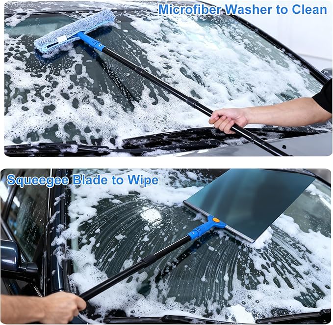 3-in-1 Professional Window Squeegee Kit with 2 Squeegee, 2 Microfiber Scrubber, 1 Razor Scraper, Thick Iron, 48.8" Window Squeegee with Extension Pole for Car, Glass, Mirror, Wall, Bathroom, Home, Van