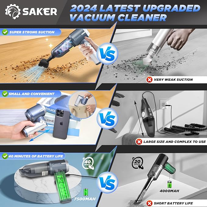 Saker Car Vacuum Cleaner 17000PA Foldable Mini Handheld Vacuums Portable Cordless with Brushless Motor for Gifts, Hair,Cars,Bedrooms,Offices Cleaning HL132 Silver