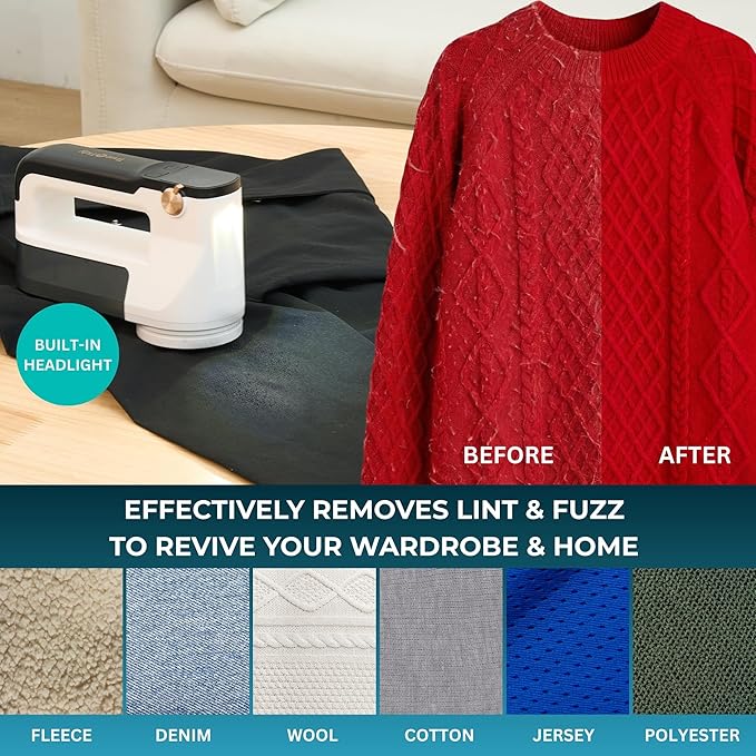 True & Tidy XL Fabric Shaver & Lint Remover Rechargeable Electric Sweater Defuzzer w/ 6-Blade Stainless Steel, 3 Speeds, LED Display, 2 Extra Blades, 3.5 Hrs Runtime for Clothes, Couch, Upholstery