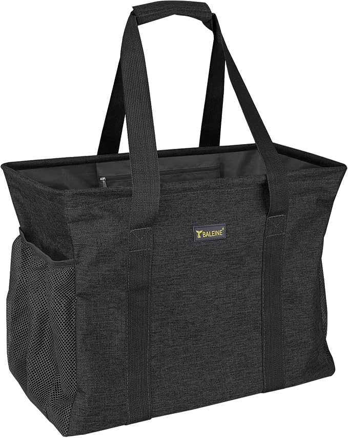 BALEINE Extra Large Utility Tote Bag with Reinforced Wire Frame, Reusable Grocery Bag for Shopping, Picnic (Black, 16.5'