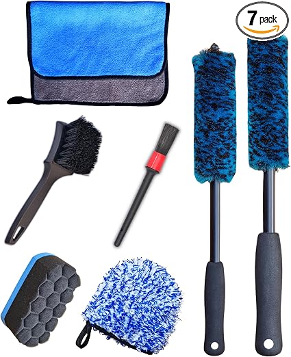 oesee Professional 4 Pack Long Handle Wheel Brush Kit for Cleaning Wheel and Tire- 2X Soft Wheel Cleaning Brush, Detaili