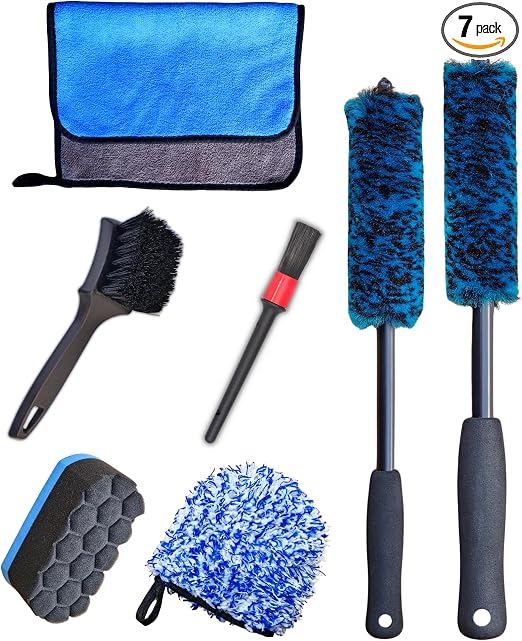 oesee Professional 4 Pack Long Handle Wheel Brush Kit for Cleaning Wheel and Tire- 2X Soft Wheel Cleaning Brush, Detaili
