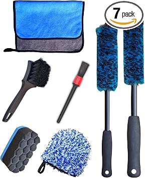 oesee Professional 4 Pack Long Handle Wheel Brush Kit for Cleaning Wheel and Tire- 2X Soft Wheel Cleaning Brush, Detaili