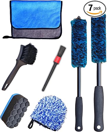 oesee Professional 4 Pack Long Handle Wheel Brush Kit for Cleaning Wheel and Tire- 2X Soft Wheel Cleaning Brush, Detaili