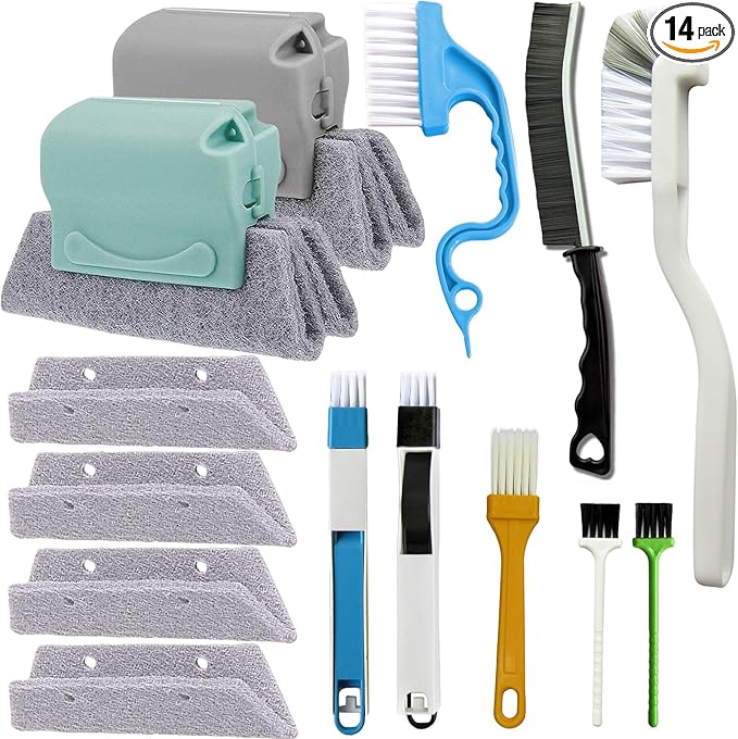 CRAFNEW 14Pcs Window Track Cleaning Tools, Deep Clean Groove Gap cleaning brush Kit for Window/Door Tracks, Sliding Doors, Tile Lines, AC Vents, Keyboards