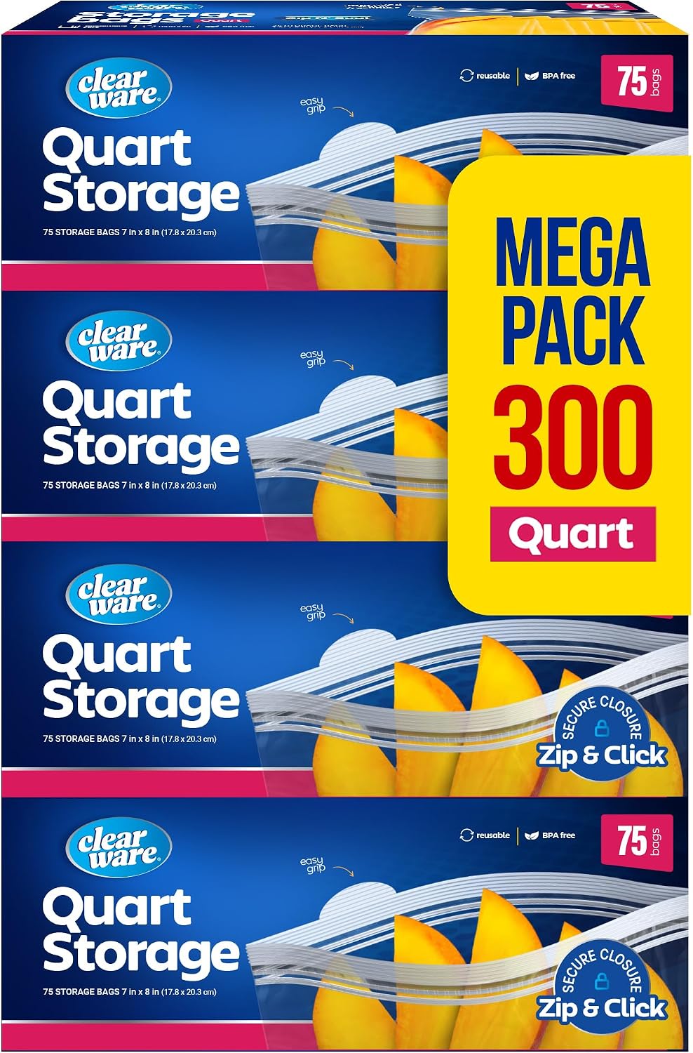 Double Zipper Storage Bags - Quart Size - 300 Count, (4 Packs of 75), Reusable Thick Food Storage Bags, BPA Free - Resealable Containers for Lunch, Snacks, Meals