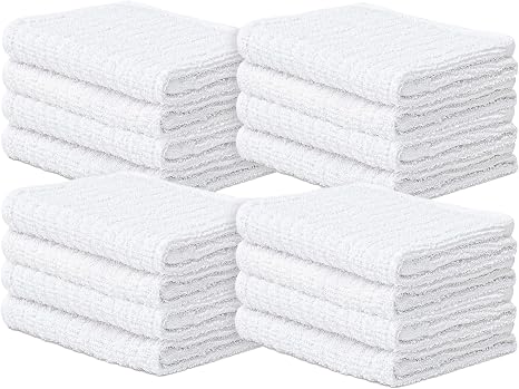 Looperry Ribbed Bar Mop Towels (16 Pack) White Terry Cloth Dish Rags, Cotton Cleanings Cloths - Soft & Gentle Face Towel