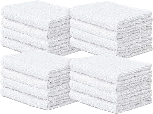 Looperry Ribbed Bar Mop Towels (16 Pack) White Terry Cloth Dish Rags, Cotton Cleanings Cloths - Soft & Gentle Face Towel