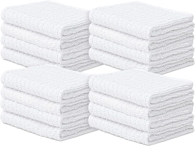 Looperry Ribbed Bar Mop Towels (16 Pack) White Terry Cloth Dish Rags, Cotton Cleanings Cloths - Soft & Gentle Face Towel