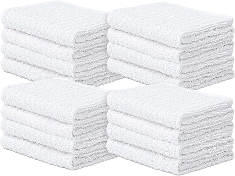 Looperry Ribbed Bar Mop Towels (16 Pack) White Terry Cloth Dish Rags, Cotton Cleanings Cloths - Soft & Gentle Face Towel