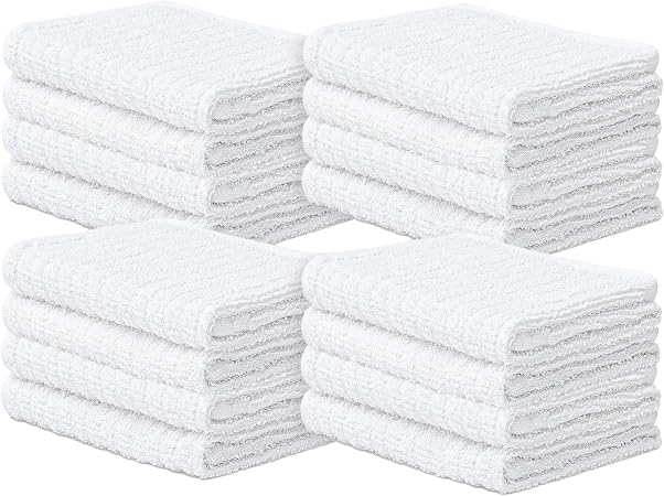 Looperry Ribbed Bar Mop Towels (16 Pack) White Terry Cloth Dish Rags, Cotton Cleanings Cloths - Soft & Gentle Face Towel