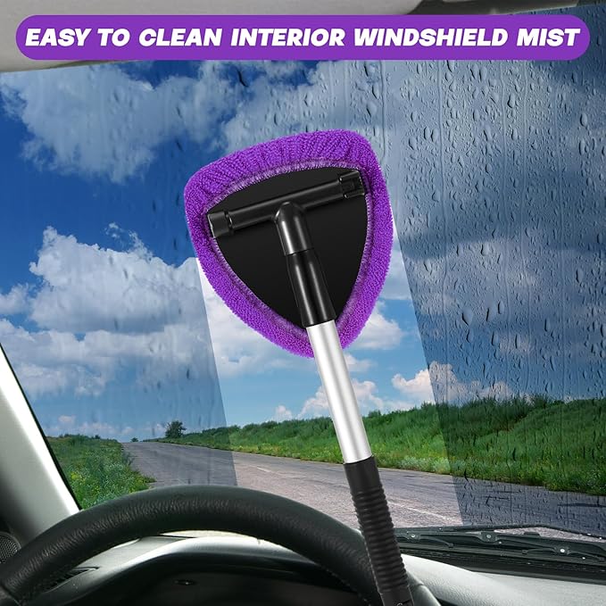 Potchen 8 Pcs Car Windshield Cleaner Tool Kit with Extendable Handle, Microfiber Towel Pads, Brush, Empty Spray Bottle for Auto Glass Wiper Suvs Rvs & Home Windows(Purple)