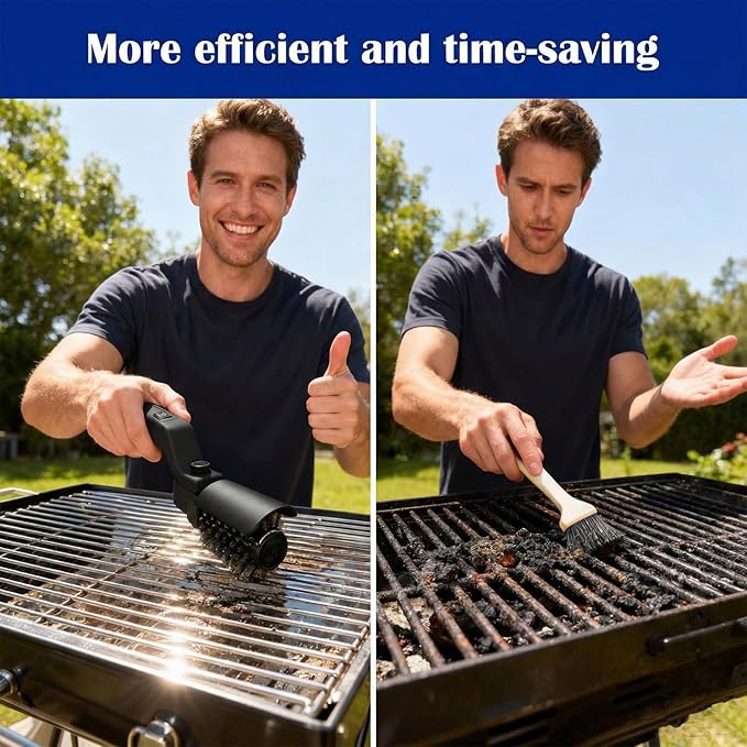 Cordless Electric Grill Brush with Adjustable Angle, 3-Speed Power Motor & Stainless Steel Head - Rechargeable, 90-Min Runtime, Waterproof Grill Cleaner for BBQ Grates & Griddles (Black)
