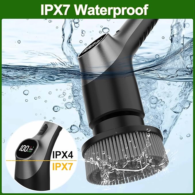 Electric Spin Scrubber, Shower Scrubber with Long Handle Adjustable LCD Display, 2 Speed Shower Cleaner, 7 Replaceable Brush Heads Bathroom Cleaning Brush, Bath Tub Power Scrubbers Black G3