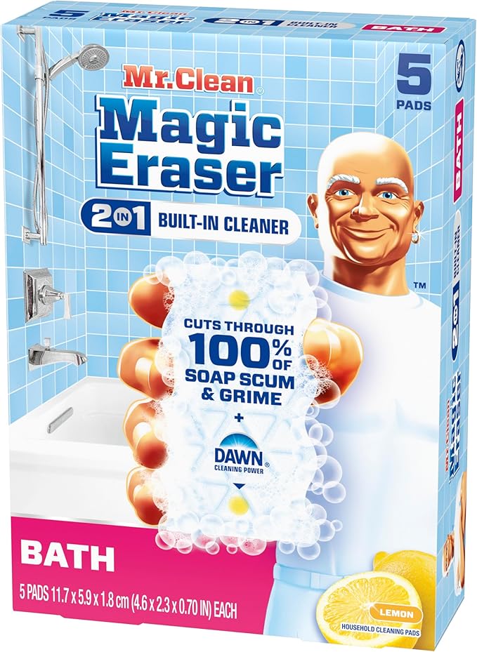 Mr. Clean Magic Eraser Sponge, Bathroom Cleaner, Shower Cleaner, Tub Cleaner, Soap Scum Remover, Bathroom Cleaning Supplies, Dawn Cleaning Power with Lemon Scent, 2 in 1 Bath, 5ct (Pack of 4)