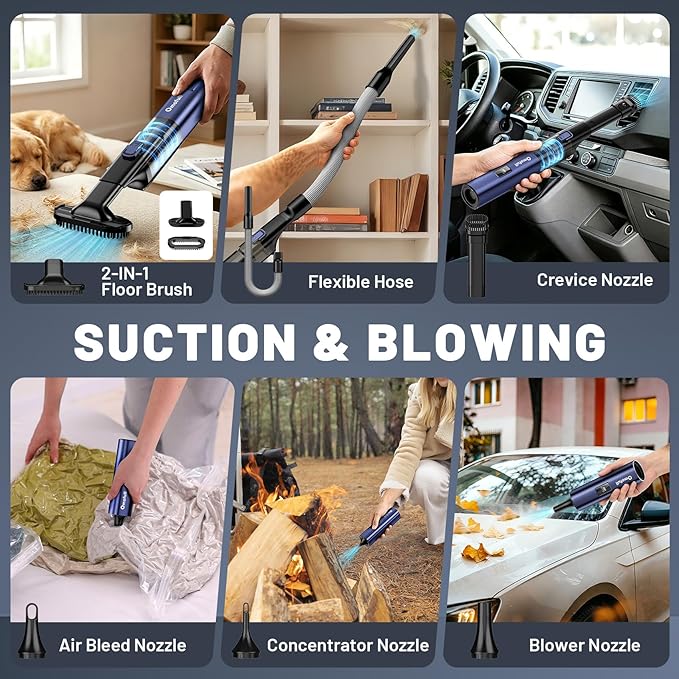 Car Vacuum Portable Cordless, 19500Pa 4-in-1 Handheld Vacuum Cordless Vacuum Cleaner&Air Duster with Multi-Nozzles, 140W Hand Cordless Rechargeable Vacuum Cleaners for Car, Home, Office, Pet
