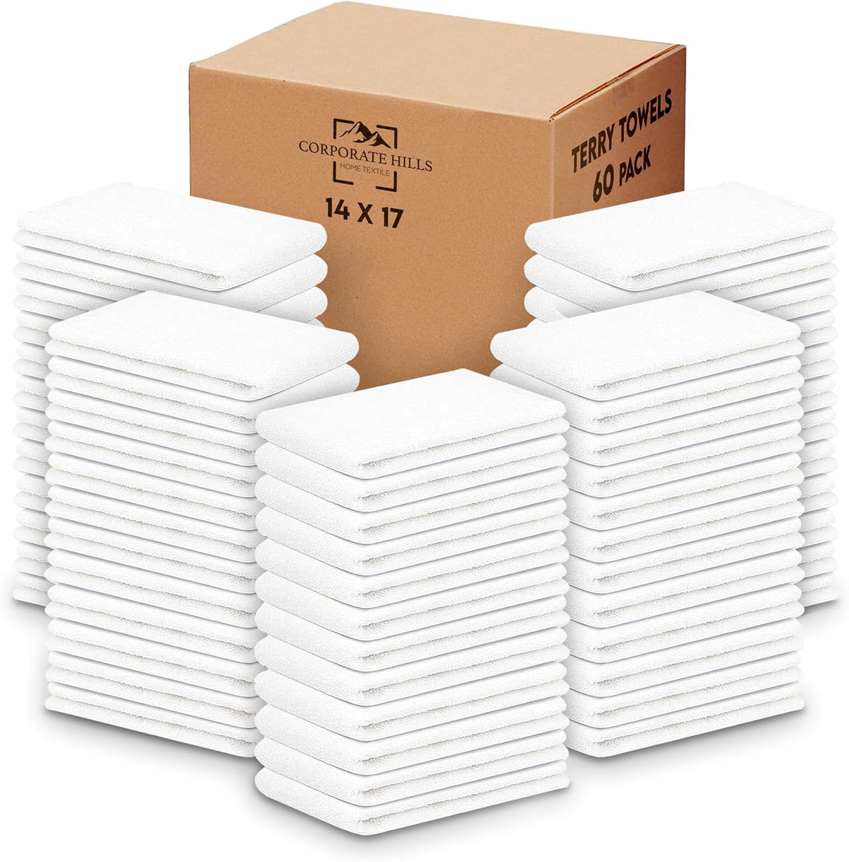 Terry Bar Mop Towels - 60 Pack (14"x17") White Cotton Terry Cloths, Super Absorbent Cleaning Rags, Reusable Bar Mop Towels for Kitchen, Garage, Salon, Spa & Commercial Use