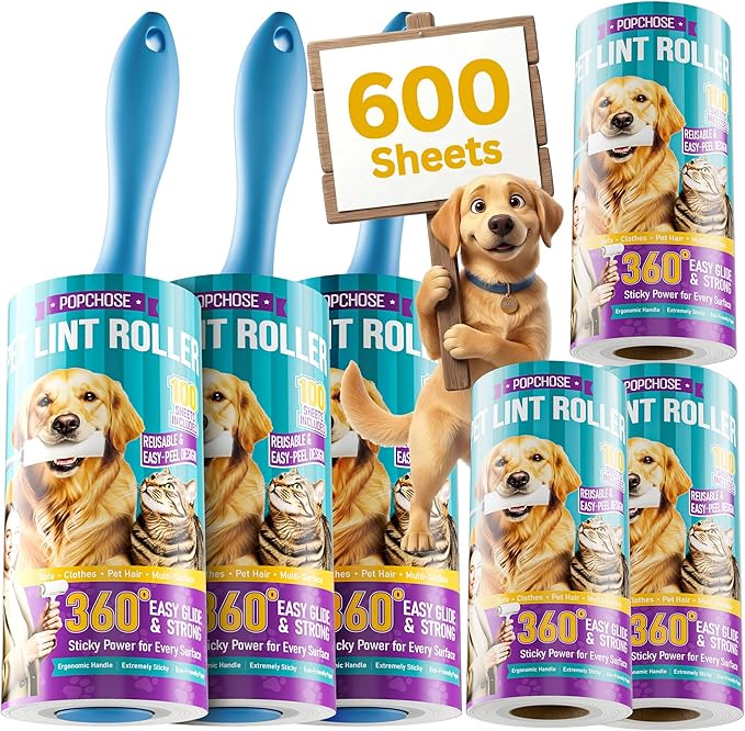 POPCHOSE Lint Rollers for Pet Hair Extra Sticky,600 Sheet Extra Sticky Lint Rollers for Pet Hair,3 Handles & 6 Sticky Rolls,Dog Cat Hair Remover for Clothes,Furniture,Couch,Lint Roller for Clothes