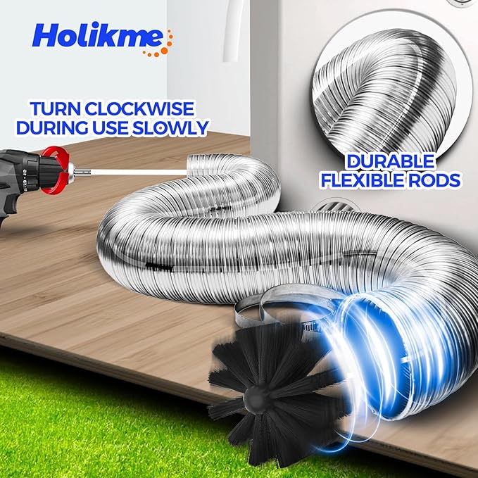 Holikme 34 Feet Dryer Vent Cleaner Kit, Flexible Lint Brush with Drill Attachment, Fireplace Chimney Brushes for Easy Cleaning, Use with or Without a Power Drill