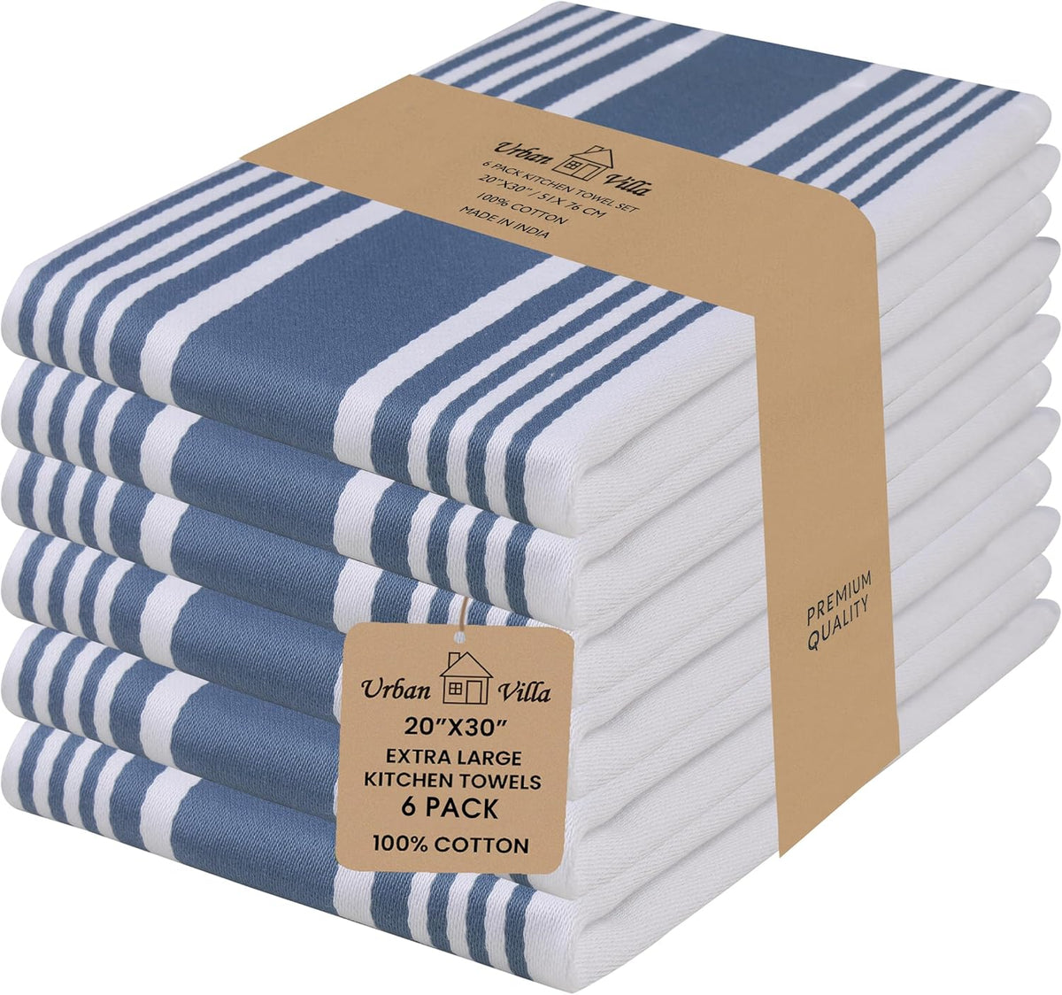 Cotton Kitchen Towels Dishtowels Set of 6 20x30 In- Blue/White