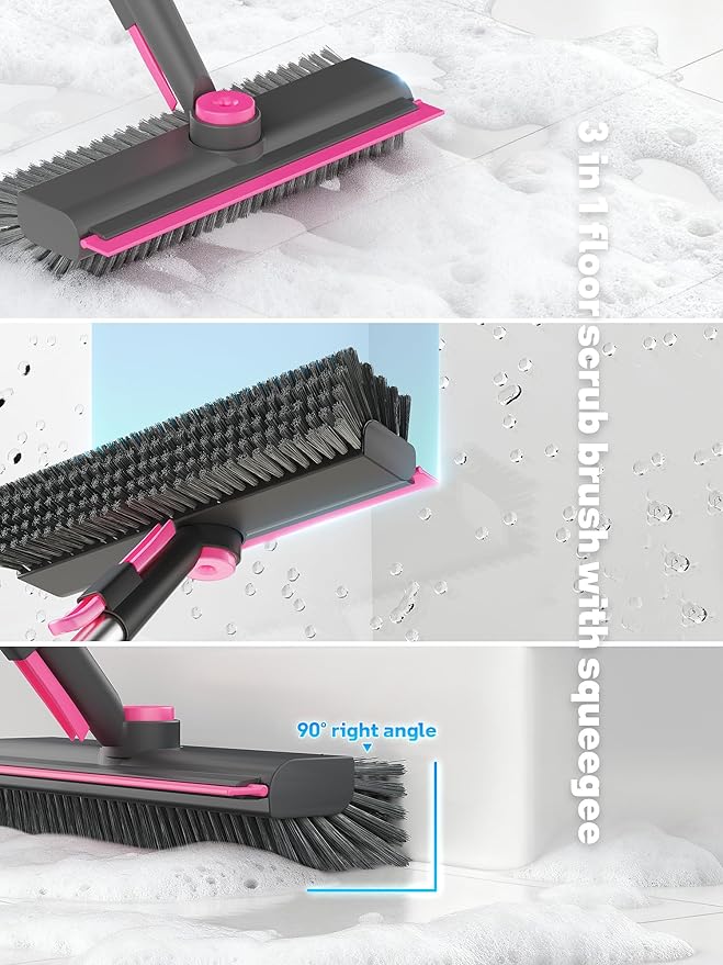 Floor Scrub Brush with Long Handle, 3 in 1 Multi-angle Swivel Right Angled Bristle Floor Scrubber Brush with Squeegee and Tweezer for Tile Wall Deck Bathroom Patio Garage Kitchen (Pink and Grey)
