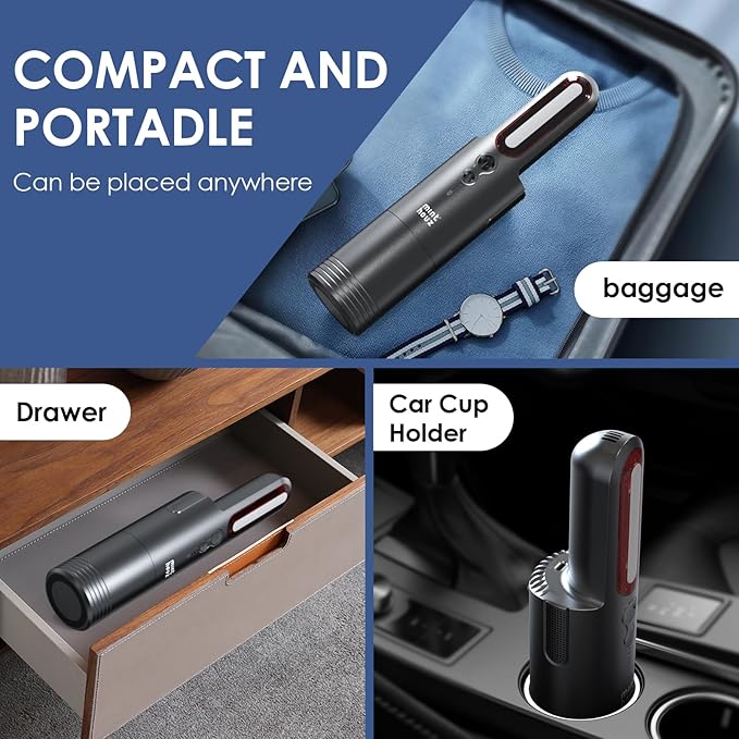 Minthouz Car Vacuum,Mini Portable Cordless Hand held Vacuum Powerful Suction Equipped with LED Light,Large Capacity Battery and USB 3.0 Fast Charging Tech,for Car,Home, Office