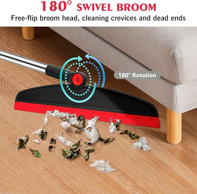 Multifunction Silicone Broom, 54 Inch Long Handle Silicone Floor Squeegee Broom, Sweep and Scrape 2 in 1 Household Cleaning Broom for Floor, Bathrooms, Kitchens, Showers, Tile, Pet Hair,Black Red