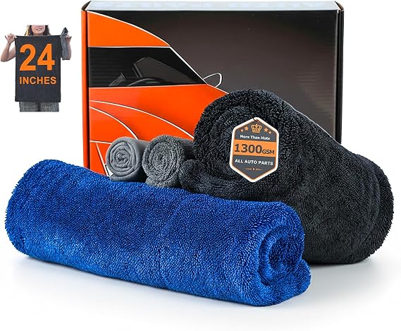 4-Pack 1300GSM Microfiber Car Drying Towels + 700GSM Chamois