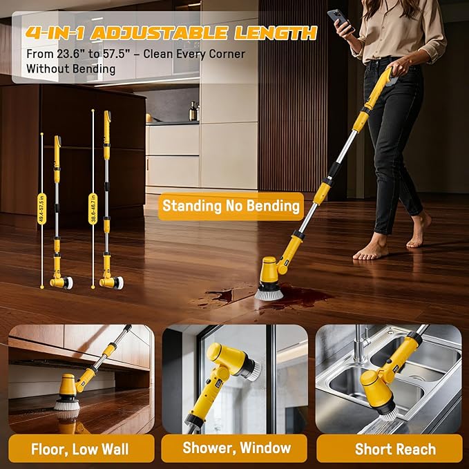 Electric Spin Scrubber Compatible with DeWalt 20V Battery, Ecarke Cordless Cleaning Brush with 4-Stage Handle, 8 Cleaning Heads for Bathroom/Floor/Kitchen/Tub/Tile, 2 Speeds – Tool Only