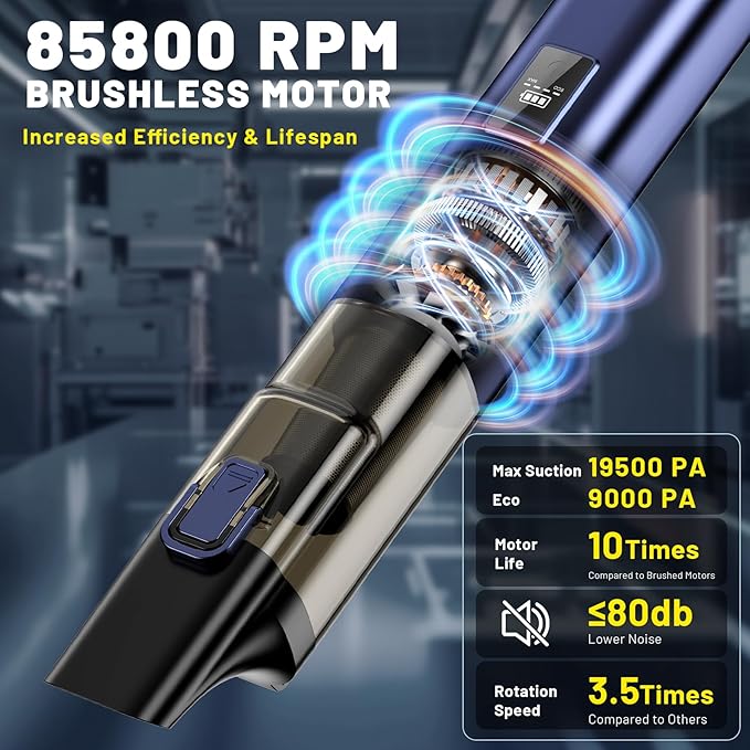 Car Vacuum Portable Cordless, 19500Pa 4-in-1 Handheld Vacuum Cordless Vacuum Cleaner&Air Duster with Multi-Nozzles, 140W Hand Cordless Rechargeable Vacuum Cleaners for Car, Home, Office, Pet