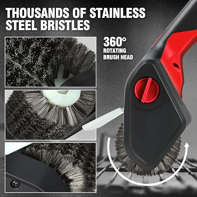 DNA Motoring Cordless Electric Grill Cleaning Scrub Brush Rechargeable with Type-C Charge Cord,Red/Black, TOOLS-00219-RD