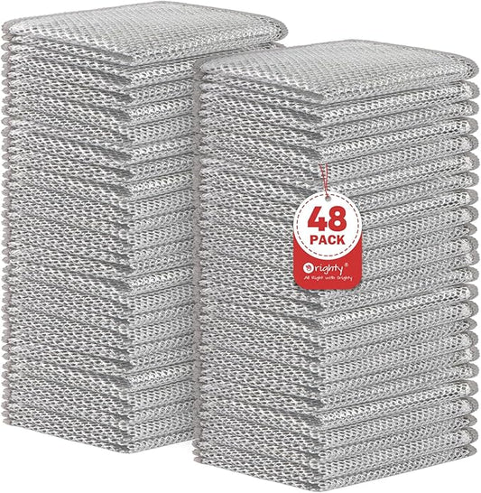 Orighty Multipurpose Wire Dishwashing Rag, 48 Pcs Non-Scratch Wire Dish Cloths for Wet and Dry, Reusable Steel Scrubber Dish Rags for Kitchen, Cookware, Stove Cleaning, 7"x8", Silver
