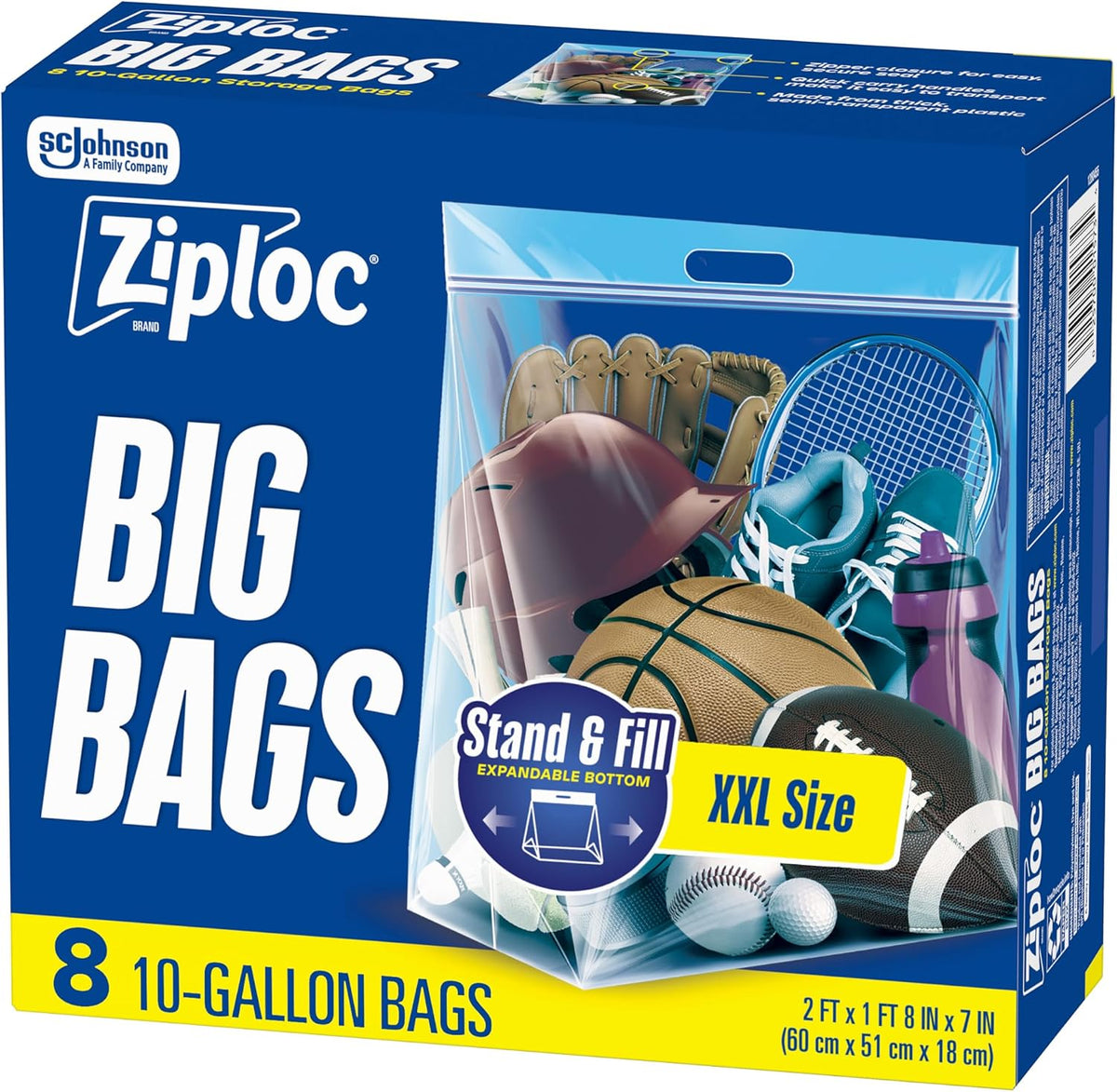 Big Bags, 10 Gallon XXL Reusable Storage Bags, 8 Count