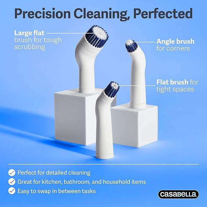 Casabella Handheld Spin Detail Scrubber, AA Battery Powered, 3 Brush Heads, White