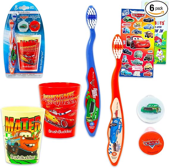 Disney Cars Toothbrush and Cup Travel Kit for Kids - Bundle with 2 Toothbrushes, 2 Rinsing Cups, 2 Covers, Stickers, and