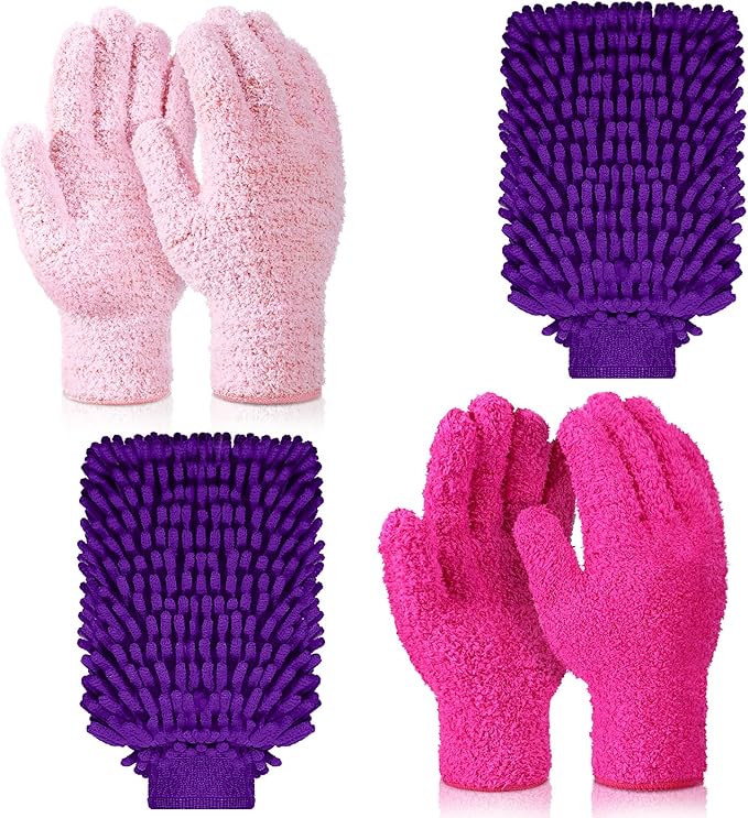 Potchen 6 Pcs Microfiber Dusting Mitt Gloves for Plants Washable Dusting Gloves for House Cleaning Furniture Car Washing