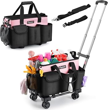 Chyaidach Rolling Cleaning Caddy, Cleaning Supplies Organizer with Trolley, Wearable Cleaning Tote Bag on Wheels with Ha
