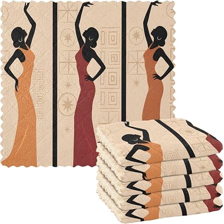 ALAZA Beautiful African Women Dish Towels Set of 6,Dish Bar Tea Towel Dishcloths Washable Fast Drying Dish Cloth Reusabl