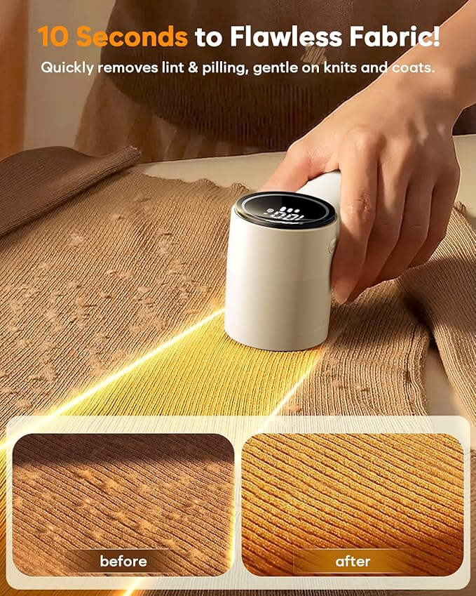Fabric Shaver, Lint Remover Rechargeable, 6-Blade Lint Remover with LCD Display & 3 Speeds, Portable for Clothes, Sweaters, Couches, Blankets, Includes 3 Replacement Blades, Pearl White