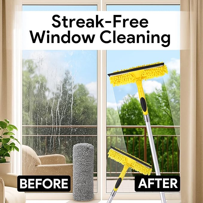 45'' Long Reach Window Squeegee with Telescoping Extension Pole, 2-in-1 Indoor/Outdoor Cleaning Tool with 270° Rotatable Head, Lightweight Alloy Aluminum Pole for Shower Door, Mirror, Car Windshield